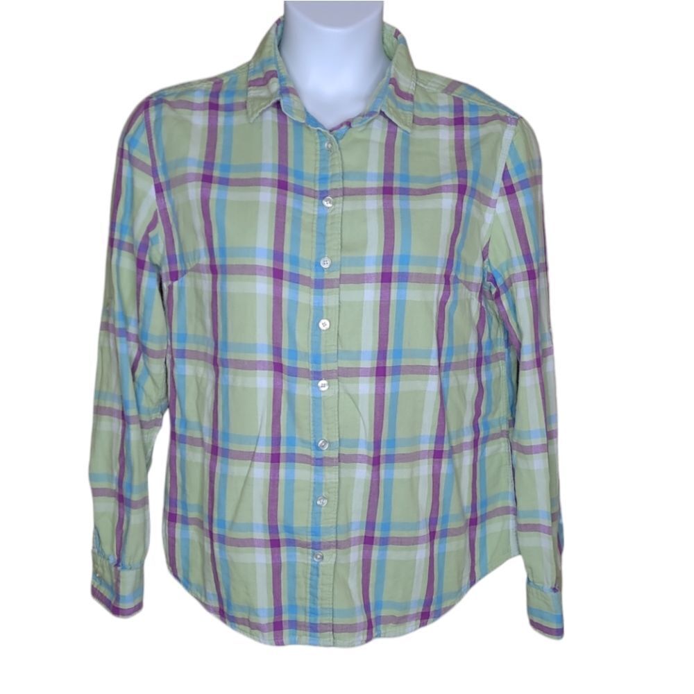 JACHS GF green plaid flannel split neck‎ button up shirt XL
